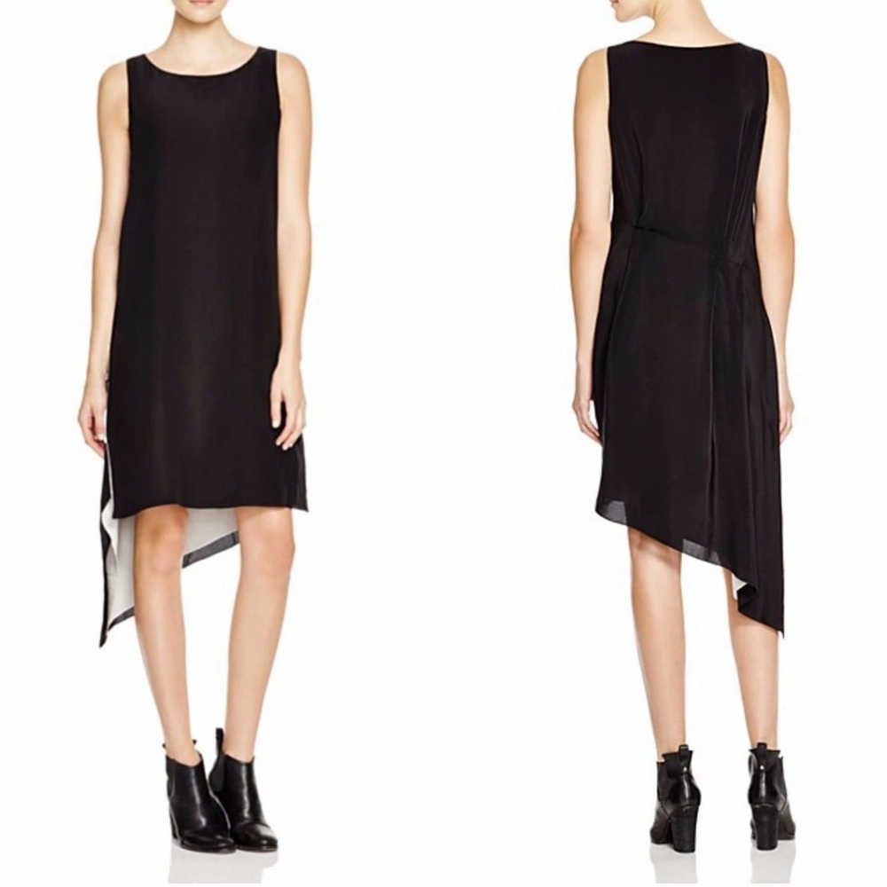 Eileen Fisher SILK georgette crepe sleeveless Black White Asymmetrical Dress S